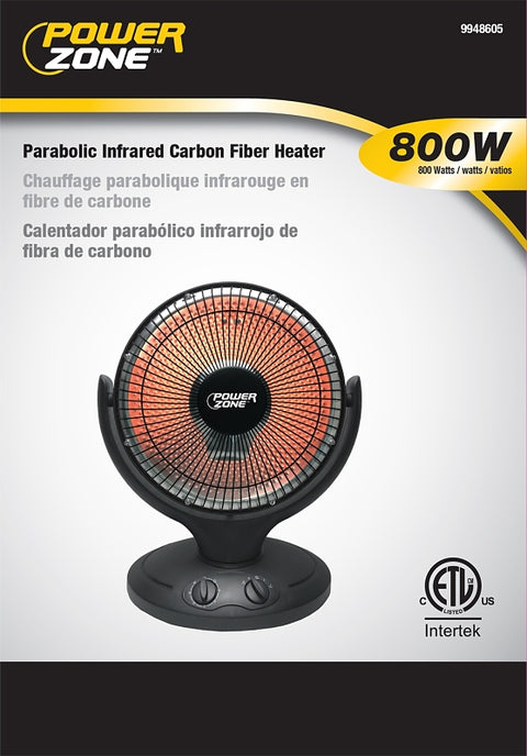 PowerZone QGW08-608 Parabolic Heater, 6.7 A, 120 V, 400, 800 W, 2-Heating Stage, Black