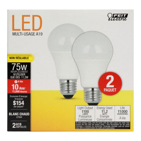 Feit Electric A1100/827/10KLED LED Lamp, General Purpose, 1100 Lumens, 11.2 W, A19 Lamp, 75 W Equivalent, E26 Lamp Base