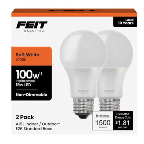 Feit Electric A1600/827/10KLED/2 LED Bulb, General-Purpose, A19 Lamp, 100 W Equivalent, E26 Medium Lamp Base, White