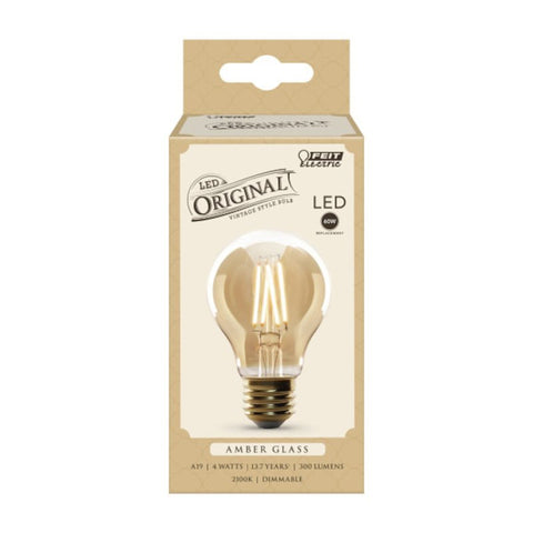 Feit Electric AT19/VG/LED Bulb, Decorative 4W, 60W Replacement AT19 E26 Dimmable Straight Filament Amber Glass Vintage Edison LED Light Bulb, Soft White., Pack of 4