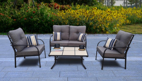 Seasonal Trends 59665 Casual Patio Conversation Set, Steel, Fabric, and Tile, Multi, Matte black, 4-Piece