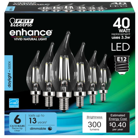 Feit Electric CFC40/950CA/FIL/6 LED Bulb, Decorative, B10 Lamp, 40 W Equivalent, E12 Lamp Base, Dimmable, Pack of 4