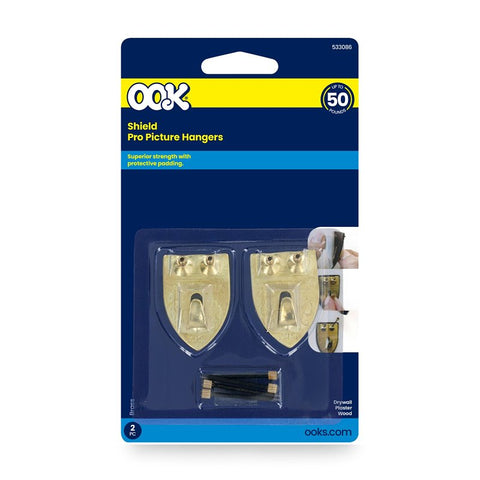 OOK 55005 Shield Hanger, 50 lb, Steel, Brass, Gold