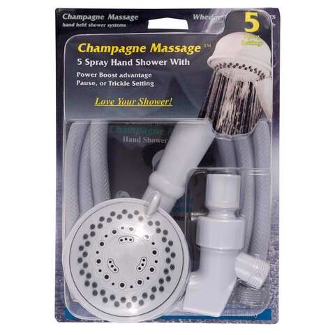 Whedon Champagne Massage White Plastic 5 settings Handheld Showerhead 2.5 gpm