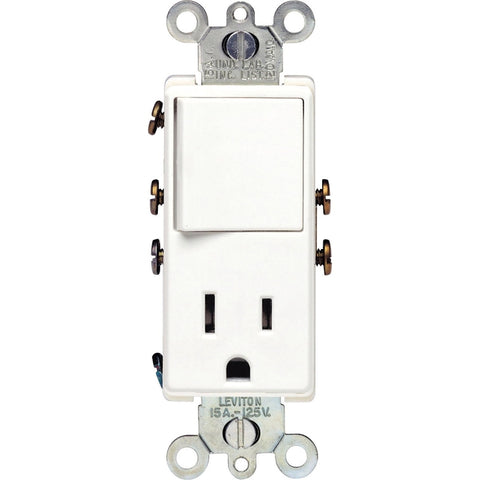 Leviton S02-05625-0WS Combination Switch/Receptacle, 1-Pole, 15 A, 120 V Switch, 125 V Receptacle, White