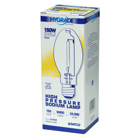 Satco - 150 Watt; High Pressure Sodium HID; Mogul base; ED23 1/2; Clear; 22 CRI; 2100K