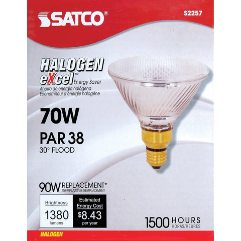 Satco - 70 Watt; Halogen; PAR38; Clear; 1500 Average rated hours; 1380 Lumens; Medium Skirted base; 120 Volt
