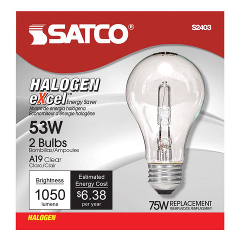 Satco - 53 Watt; Halogen; A19; Clear; 1000 Average rated hours; 1050 Lumens; Medium base; 120 Volt; 2-Pack