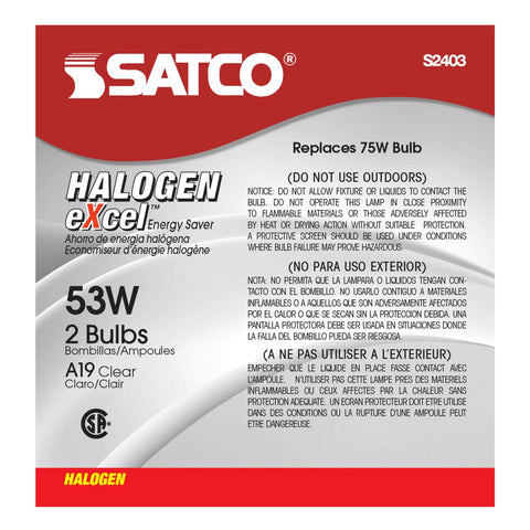 Satco - 53 Watt; Halogen; A19; Clear; 1000 Average rated hours; 1050 Lumens; Medium base; 120 Volt; 2-Pack