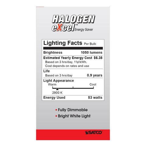 Satco - 53 Watt; Halogen; A19; Clear; 1000 Average rated hours; 1050 Lumens; Medium base; 120 Volt; 2-Pack