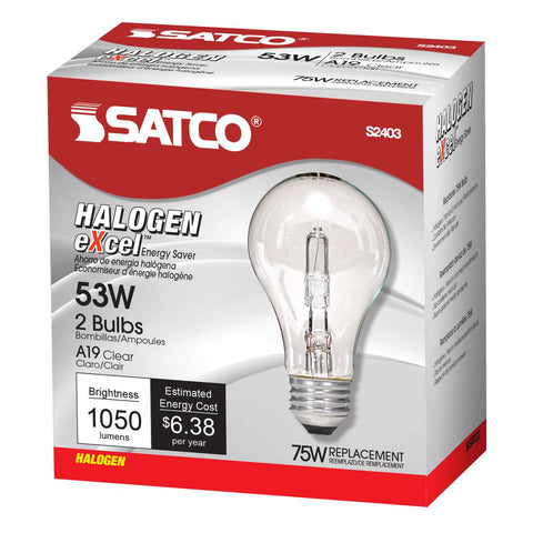 Satco - 53 Watt; Halogen; A19; Clear; 1000 Average rated hours; 1050 Lumens; Medium base; 120 Volt; 2-Pack
