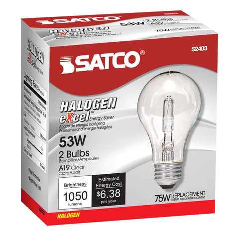 Satco - 53 Watt; Halogen; A19; Clear; 1000 Average rated hours; 1050 Lumens; Medium base; 120 Volt; 2-Pack