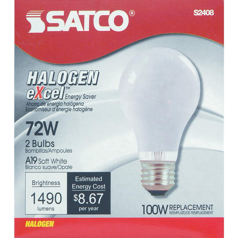 Satco - 72 Watt; Halogen; A19; 1000 Average rated hours; 1490 Lumens; Medium base; 120 Volt; 2-Pack