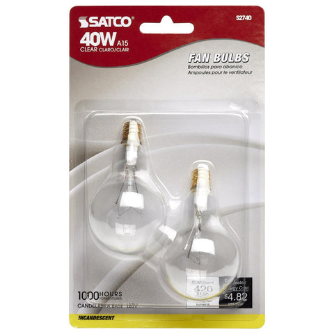 Satco - 40 Watt A15 Incandescent; Clear; Appliance Lamp; 1000 Average rated hours; 420 Lumens; Candelabra base; 120 Volt; 2-Card