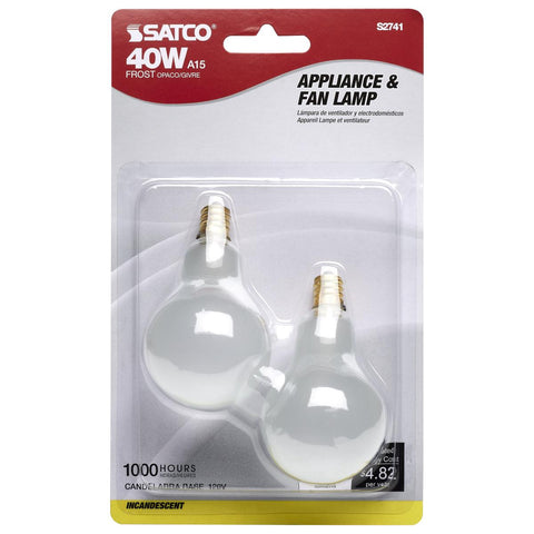 Satco - 40 Watt A15 Incandescent; Frost; Appliance Lamp; 1000 Average rated hours; 420 Lumens; Candelabra base; 120 Volt; 2-Card