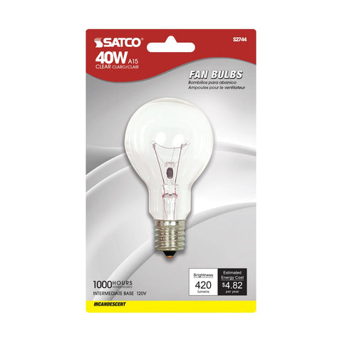 Satco - 40 Watt A15 Incandescent; Clear; Appliance Lamp; 1000 Average rated hours; 420 Lumens; Intermediate base; 120 Volt; 2-Card