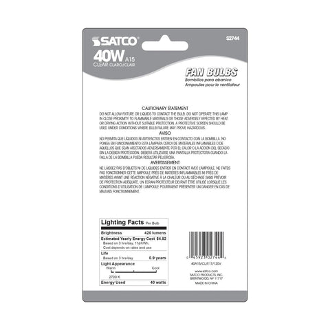 Satco - 40 Watt A15 Incandescent; Clear; Appliance Lamp; 1000 Average rated hours; 420 Lumens; Intermediate base; 120 Volt; 2-Card