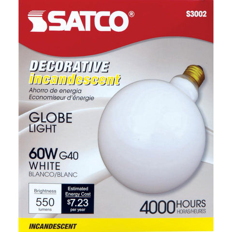 Satco - 60 Watt G40 Incandescent; Gloss White; 4000 Average rated hours; 550 Lumens; Medium base; 120 Volt
