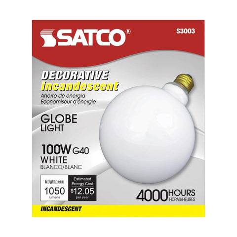 Satco - 100 Watt G40 Incandescent; Gloss White; 4000 Average rated hours; 1050 Lumens; Medium base; 120 Volt