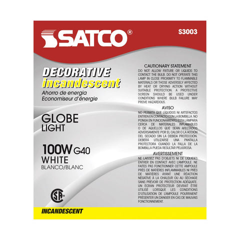 Satco - 100 Watt G40 Incandescent; Gloss White; 4000 Average rated hours; 1050 Lumens; Medium base; 120 Volt