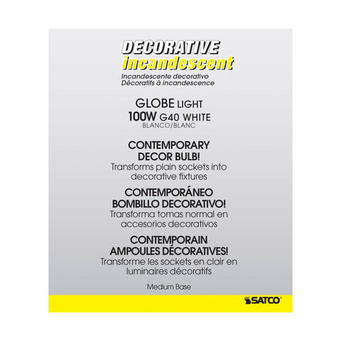 Satco - 100 Watt G40 Incandescent; Gloss White; 4000 Average rated hours; 1050 Lumens; Medium base; 120 Volt