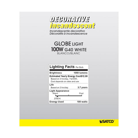Satco - 100 Watt G40 Incandescent; Gloss White; 4000 Average rated hours; 1050 Lumens; Medium base; 120 Volt