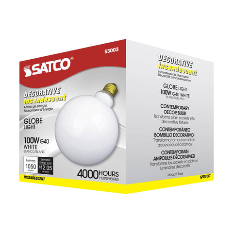 Satco - 100 Watt G40 Incandescent; Gloss White; 4000 Average rated hours; 1050 Lumens; Medium base; 120 Volt