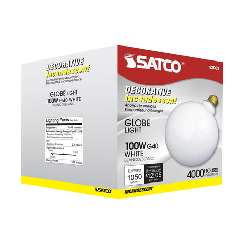 Satco - 100 Watt G40 Incandescent; Gloss White; 4000 Average rated hours; 1050 Lumens; Medium base; 120 Volt