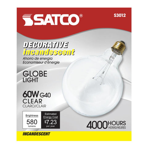 Satco - 60 Watt G40 Incandescent; Clear; 4000 Average rated hours; 580 Lumens; Medium base; 120 Volt