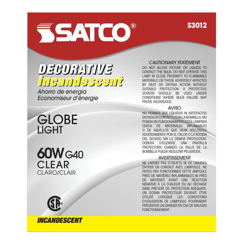 Satco - 60 Watt G40 Incandescent; Clear; 4000 Average rated hours; 580 Lumens; Medium base; 120 Volt