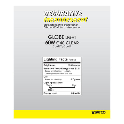 Satco - 60 Watt G40 Incandescent; Clear; 4000 Average rated hours; 580 Lumens; Medium base; 120 Volt