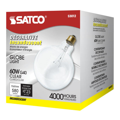 Satco - 60 Watt G40 Incandescent; Clear; 4000 Average rated hours; 580 Lumens; Medium base; 120 Volt