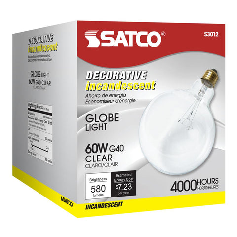 Satco - 60 Watt G40 Incandescent; Clear; 4000 Average rated hours; 580 Lumens; Medium base; 120 Volt