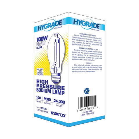 Satco - 100 Watt; High Pressure Sodium HID; Medium base; ED17; Clear; 22 CRI; 2100K