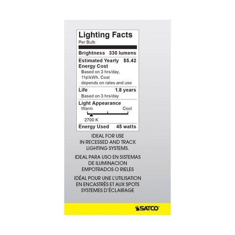 Satco - 45 Watt R20 Incandescent; Frost; 2000 Average rated hours; 330 Lumens; Medium base; 120 Volt