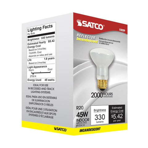 Satco - 45 Watt R20 Incandescent; Frost; 2000 Average rated hours; 330 Lumens; Medium base; 120 Volt