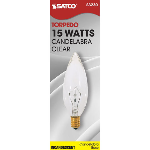 Satco - 15 Watt BA9 1/2 Incandescent; Clear; 1500 Average rated hours; 105 Lumens; Candelabra base; 120 Volt