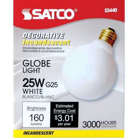 Satco - 25 Watt G25 Incandescent; Gloss White; 3000 Average rated hours; 160 Lumens; Medium base; 120 Volt