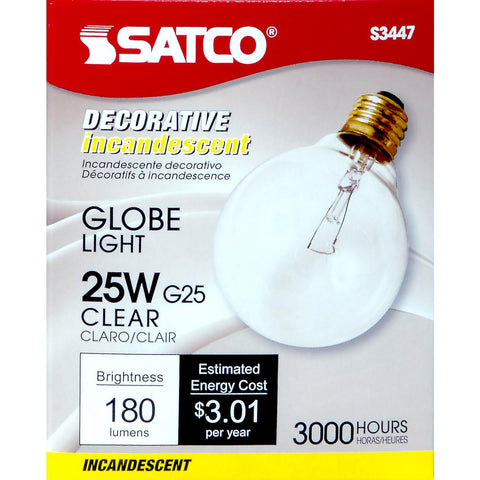 Satco - 25 Watt G25 Incandescent; Clear; 3000 Average rated hours; 180 Lumens; Medium base; 120 Volt