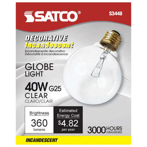 Satco - 40 Watt G25 Incandescent; Clear; 3000 Average rated hours; 360 Lumens; Medium base; 120 Volt