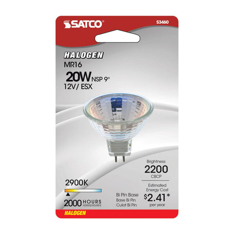 Satco - 20 Watt; Halogen; MR16; ESX; 2000 Average rated hours; Miniature 2 Pin Round base; 12 Volt; Carded