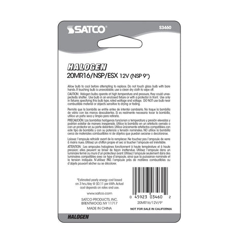 Satco - 20 Watt; Halogen; MR16; ESX; 2000 Average rated hours; Miniature 2 Pin Round base; 12 Volt; Carded
