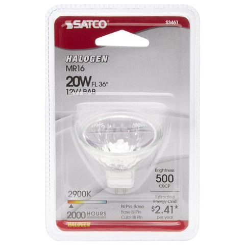 Satco - 20 Watt; Halogen; MR16; BAB; 2000 Average rated hours; Miniature 2 Pin Round base; 12 Volt; Carded