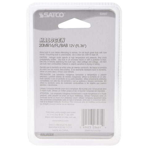 Satco - 20 Watt; Halogen; MR16; BAB; 2000 Average rated hours; Miniature 2 Pin Round base; 12 Volt; Carded