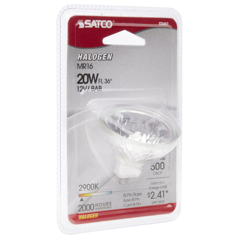 Satco - 20 Watt; Halogen; MR16; BAB; 2000 Average rated hours; Miniature 2 Pin Round base; 12 Volt; Carded