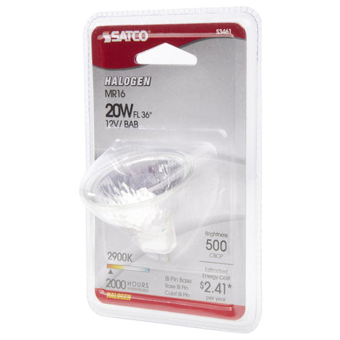 Satco - 20 Watt; Halogen; MR16; BAB; 2000 Average rated hours; Miniature 2 Pin Round base; 12 Volt; Carded