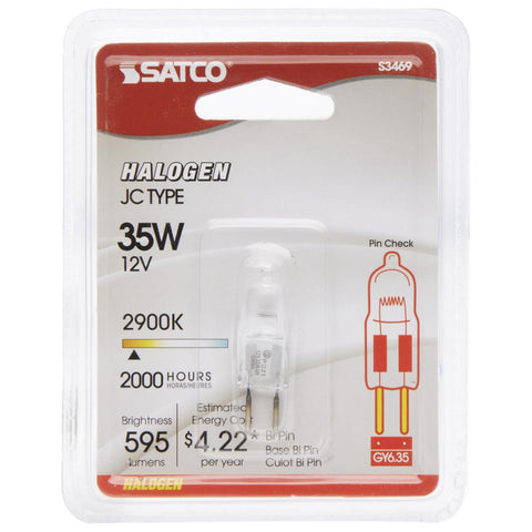 Satco - 35 Watt; Halogen; T4; Clear; 2000 Average rated hours; 595 Lumens; Bi Pin GY6.35 base; 12 Volt; Carded