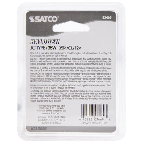 Satco - 35 Watt; Halogen; T4; Clear; 2000 Average rated hours; 595 Lumens; Bi Pin GY6.35 base; 12 Volt; Carded