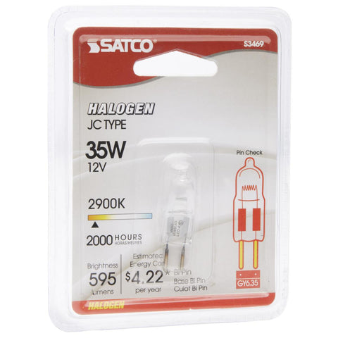 Satco - 35 Watt; Halogen; T4; Clear; 2000 Average rated hours; 595 Lumens; Bi Pin GY6.35 base; 12 Volt; Carded