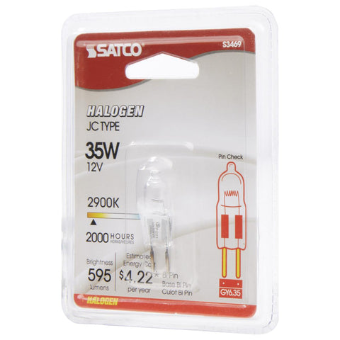 Satco - 35 Watt; Halogen; T4; Clear; 2000 Average rated hours; 595 Lumens; Bi Pin GY6.35 base; 12 Volt; Carded